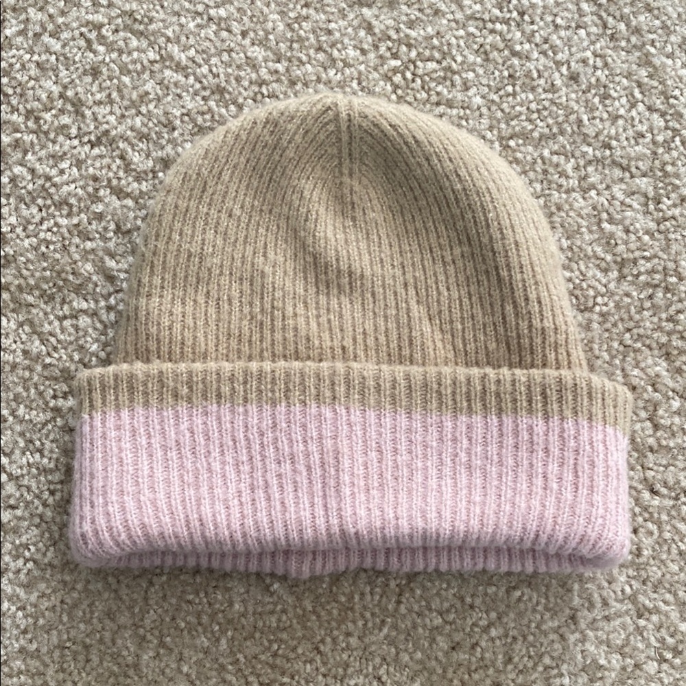 Anthropologie Maeve Pink and Tan Womens Reversible Beanie Warm Hat